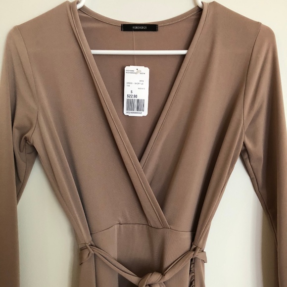 Tan long sleeved mock wrap dress - Picture 2 of 6